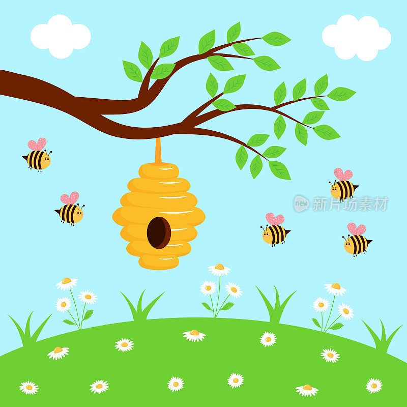 Tree branch with beehive and cute bees on the meadow full of chamomiles. Summer landscape.